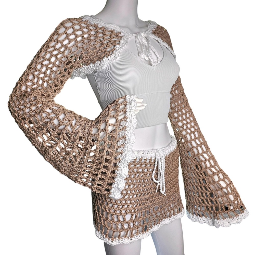 Handmade Crochet Festival Set, Bell Sleeve Front Tie Shrug & Mini Skirt, Taupe - Picture 3 of 14